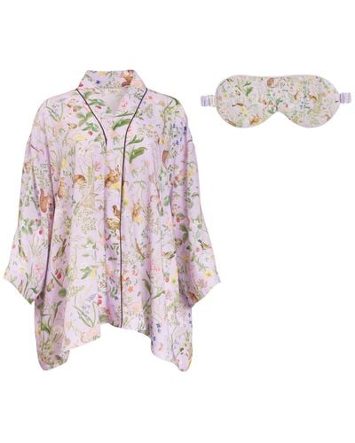 Fable England Fable Meadow Creatures Lilac Short Kimono And Sleep Mask - White