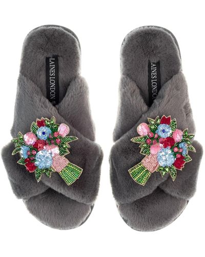 Laines London Classic Laines Slippers With Double Floral Bouquet Brooches - Grey