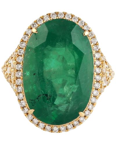 Artisan Natural Emerald Pave18k Yellow Gold Diamond Cocktail Ring Handmade - Green