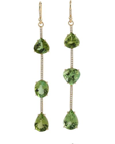 Artisan Mix Shape Green Tourmaline Gemstone & Pave Diamond In 18k Gold Dangle Earrings
