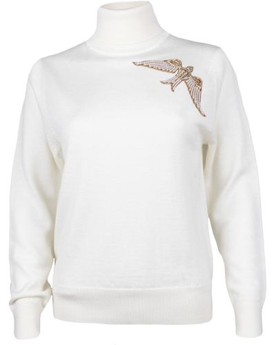 Laines London Laines Couture Pearl & Gold Bird Embellished Knitted Roll Neck Jumper - White