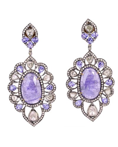 Artisan Natural Diamond Tanzanite Gemstone Dangle Earrings 18k Gold 925 Sterling Silver - Blue