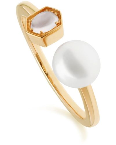 Gemondo Opal & Pearl Open Ring In Yellow Gold Plated Silver - White