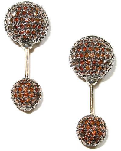 Artisan 18k Solid Gold & Silver With Brown Diamond Pave Ball Double Side Earrings - Natural