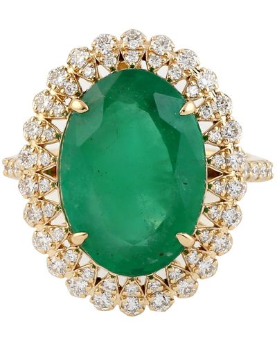 Artisan Green Emerald Natural Pave Diamond Cocktail Rings 18k Yellow Gold