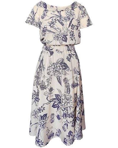 Haris Cotton Midi Linen Blend Print Dress With Elastic Waist And Boat Neck - Gray