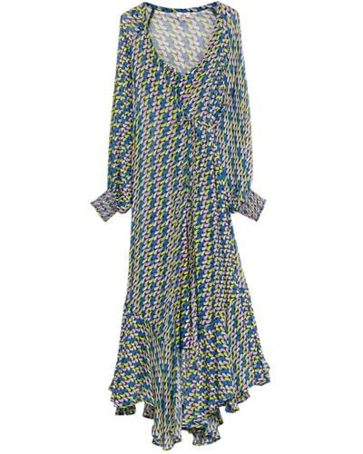 Niza Wrap-around Midi Dress With Long Cuffed Sleeves - Blue