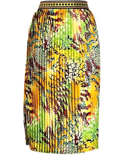 L2R THE LABEL Embroidered Pleated Midi Skirt In Yellow Animal Print