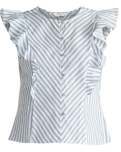 Paisie Striped Frilled Cotton Blouse In Light - Blue