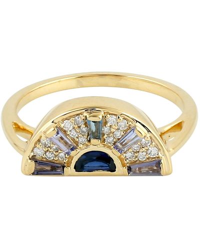Artisan 18k Gold In Multi Baguette Colorful Gemstone & Pave Diamond Sunrise Cocktail Ring - Metallic