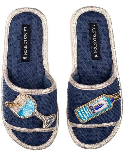 Laines London Straw Braided Sandals With Handmade Sapphire Gin Brooches - Blue