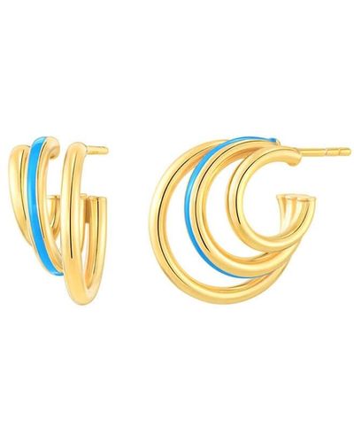 Gold & Honey Triple Hoop Earrings With Turquoise Enamel - Metallic