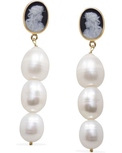 Vintouch Italy Portrait Of A Girl Black Cameo And Pearl Earrings - White