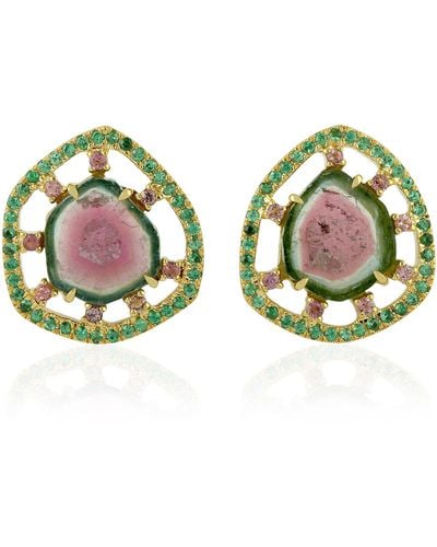 Artisan 18k Solid Gold With Pink Tourmaline & Water Melon Tourmaline Pave Tsavorite Stylish Stud Earrings - Green