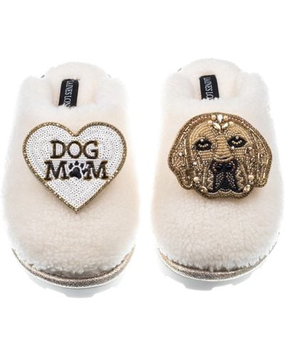 Laines London Teddy Closed Toe Slippers With Skip The Golden Lab & Dog Mum / Mom Brooches - Metallic