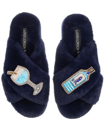 Laines London Classic Laines Slippers With Sapphire Gin Brooches - Blue