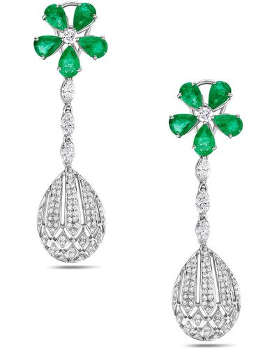 Artisan White Gold Natural Emerald Handmade Dangle Earrings Diamond Jewellery Gd - Green
