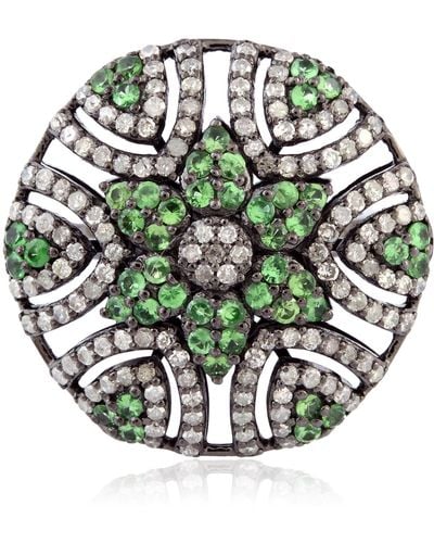 Artisan Studded Tsavorite Pave Diamond 925 Sterling Silver Designer Cocktail Ring - Green