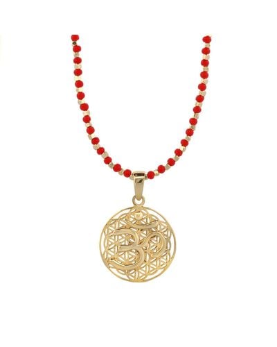 Ebru Jewelry Divine Energy Om Mantra Coral Red Beaded Necklace - Metallic