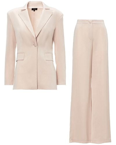 BLUZAT Neutrals Ivoire Shimmery Suit With Slim Fit Blazer And Wide Leg Trousers - Natural