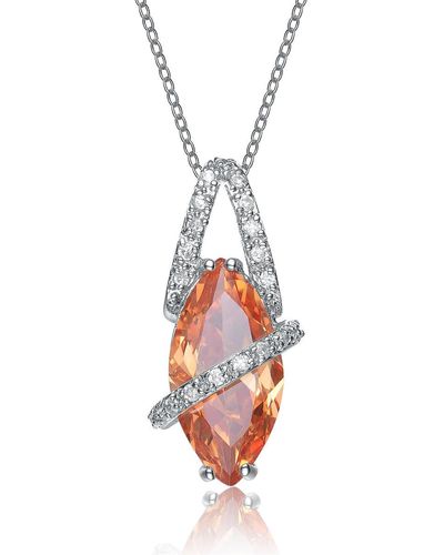 Genevive Jewelry Sterling Silver Orange Cubic Zirconia Stone Oval Band Pendant - White