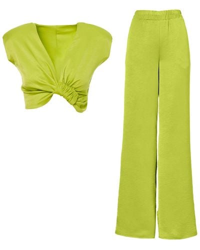 BLUZAT Neon Set With Top With Knot And Wide Leg Pants - Yellow