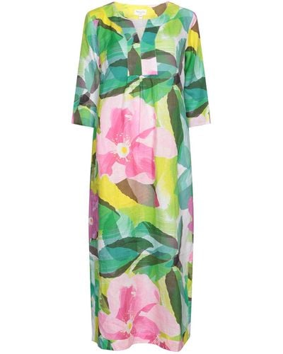 NoLoGo-chic Paper Rose Print Linen Maxi Dress - Green