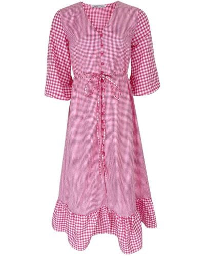 Lavaand Button Through Gingham Midi Dress In Pink