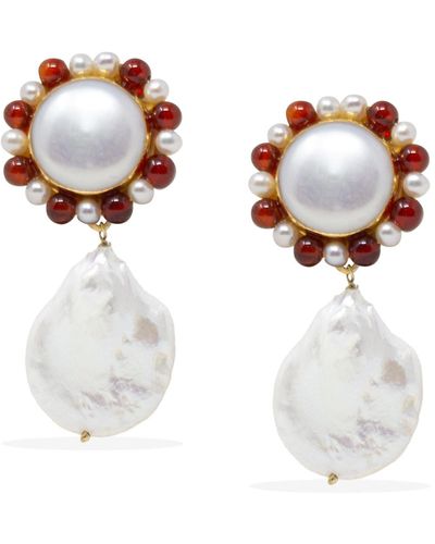Vintouch Italy Lotus Gold-plated Pearl And Carnelian Earrings - Metallic