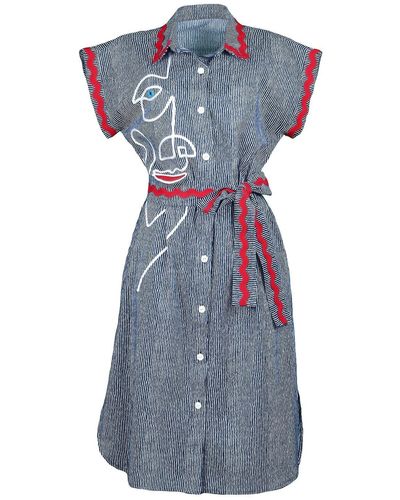 Lalipop Design Pinstripe Cotton Shirtdress With Face Embroidery - Blue