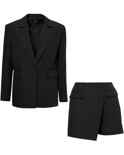 BLUZAT Suit With Regular Blazer With Double Pocket And Skort - Black