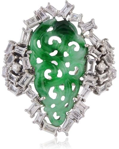 Artisan 18k White Gold Carved Jade Ring With Diamonds - Green