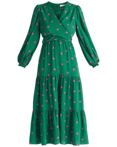 Paisie Tiered Hem Polka Dot Dress In Green And Pink
