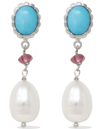 Vintouch Italy Turquoise, Pink Quartz & Pearl Drop Earrings - Blue