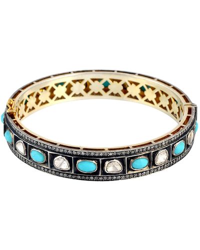 Artisan Oval Shape Turquoise Gemstone & Uncut Diamond With 18k Gold 925 Silver Bangle Bracelet - Metallic