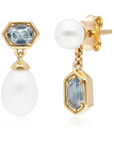 Gemondo Modern Pearl & Topaz Mismatched Drop Earrings In Yellow Gold Plated Sterling Silver - Blue