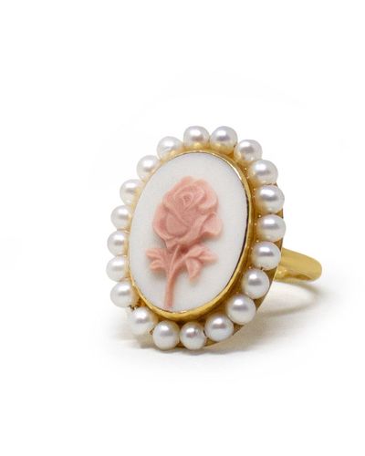 Vintouch Italy Gold-plated Rose Cameo And Pearl Stacking Ring - Pink