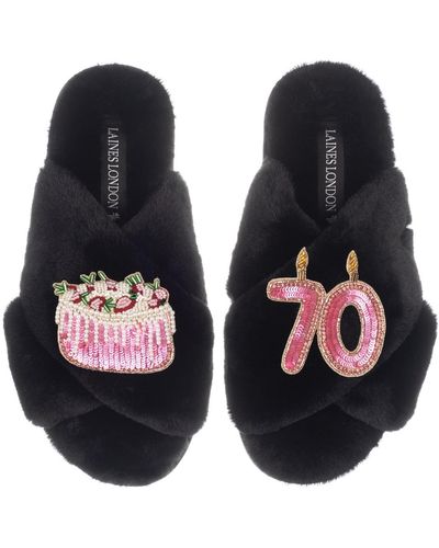 Laines London Classic Laines Slippers With 70th Birthday & Cake Brooches - Blue