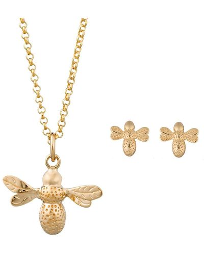 Lily Charmed Plated Bee Necklace & Studs Jewelry Set - Metallic