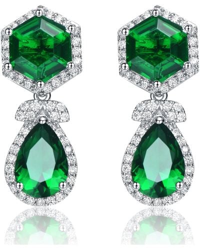 Genevive Jewelry Rhodium-plated With Emerald & Diamond Cubic Zirconia Vintage Formal Halo Earrings In Sterling Silver - Green