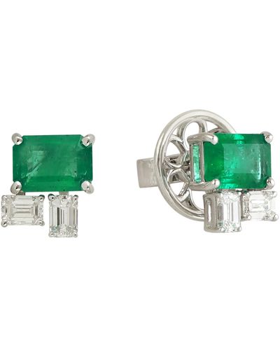 Artisan 18k White Gold In Baguette Shape Emerald & Diamond Designer Stud Earrings - Green