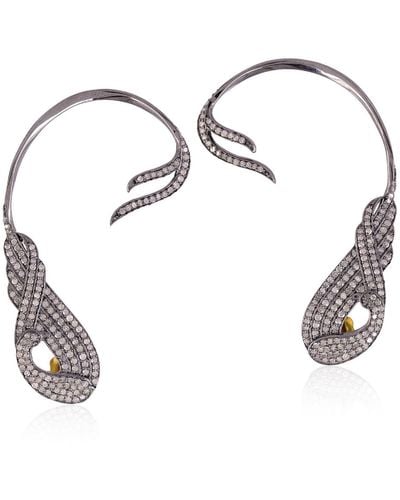 Artisan 18k Solid Gold & 925 Silver In Pave Diamond Bird Of Paradise Ear Climber Earrings - Metallic