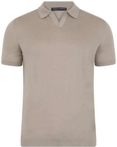 Paul James Knitwear S Superfine Leonardo Merino Silk Buttonless Polo Shirt - Grey