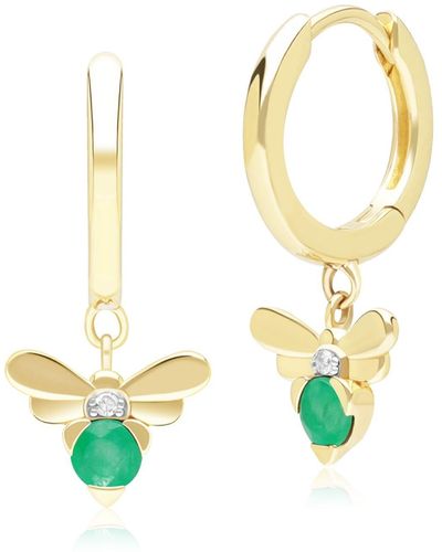 Gemondo Honeycomb Inspired Emerald & Diamond Bee Hoop Earrings In Yellow Gold - Metallic