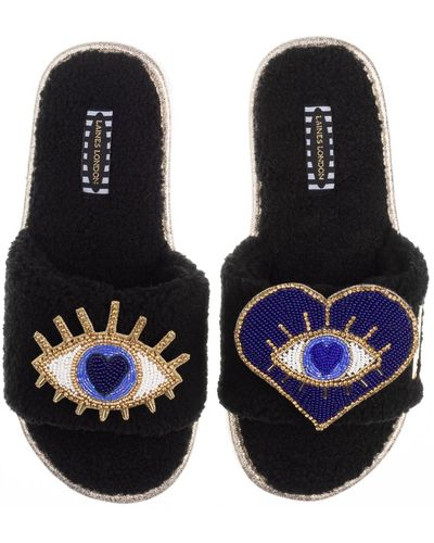 Laines London Teddy Towelling Slipper Sliders With Double Blue Eye Brooches