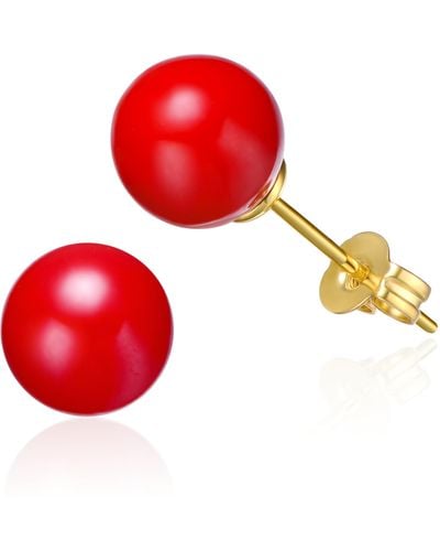 Genevive Jewelry Rachel Glauber Yellow Gold Plated Stud Earrings With Red Enamel Round Pearl For Kids