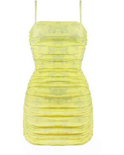 Elsie & Fred French Kiss Diamanté Butterfly Lemon Ruched Cami Dress - Yellow