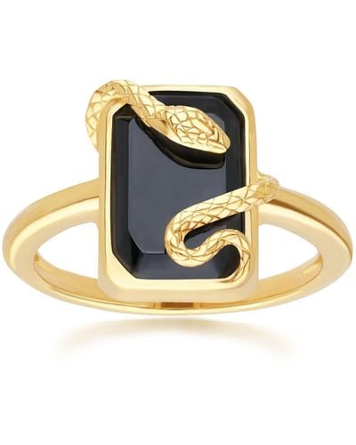 Gemondo Black Onyx Snake Wrap Ring In Gold Plated Sterling Silver - Metallic