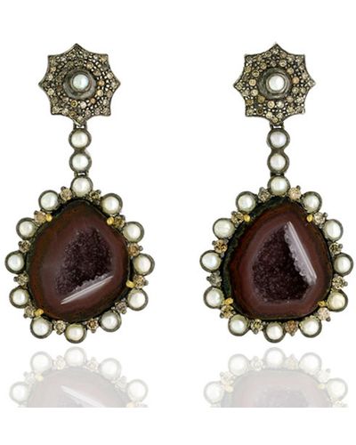 Artisan 18k With Sterling Silver In Pave Diamond Bezel Pearl & Geode Dangle Earrings - Brown