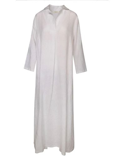 Haris Cotton Maxi Linen Dress With Front Pleat And Lapels - White